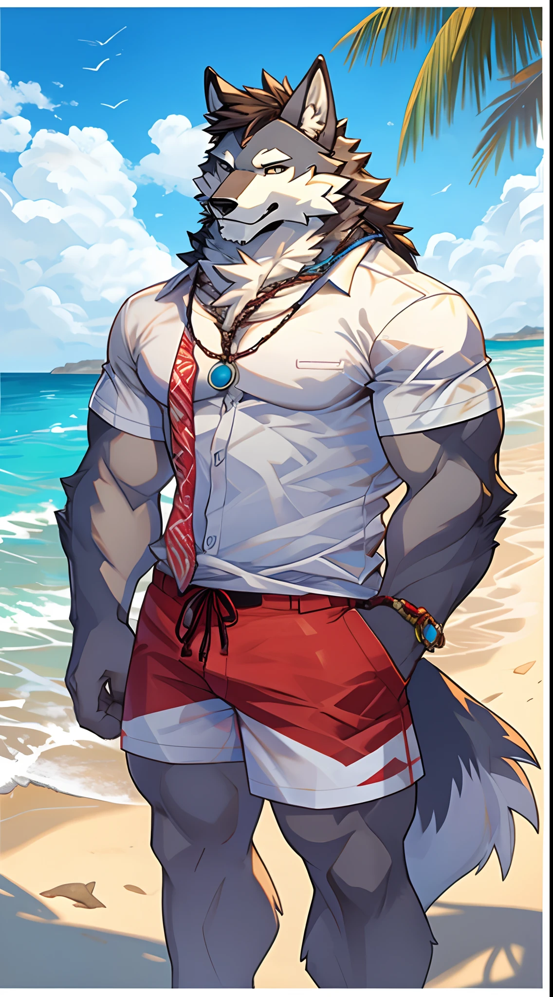 Um grande lobo branco tirando a camisa em uma praia deserta, com olhar sexy e uma piscada de olho