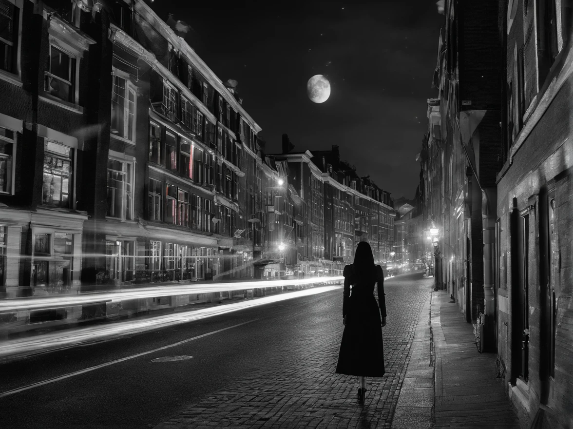 an award winning picture, black&white film noir atmosphere, photorealistic, (best detailed: 1.5), of the red windows of Amsterdam, best detailed picture in (black and white:1.5), a picture of a street on the river, you see the length of the street, the buildings from its start on the street are one or two stories high, its night time, model715(red lights:1.5) coming from the windows of the buildings, the other side of the street is the a river, there is a  (woman, standing with her back to the camera: 1.2), woman in (black and white:1.5) dynamic hair, ultra feminine, she is wearing pantyhose, short skirt, and wearing high heels, the picture is a from street's floor, you see the street to the left, there are the buildings and the light coming from them, and from the right side there is the  river, the woman is standing in the street, its night time, there is moon light and stars, ultra best realistic, best details, best quality, 16k, (ultra detailed: 1.5), masterpiece, best quality, (extremely detailed), ultra wide shot, photorealism, depth of field, hyper realistic