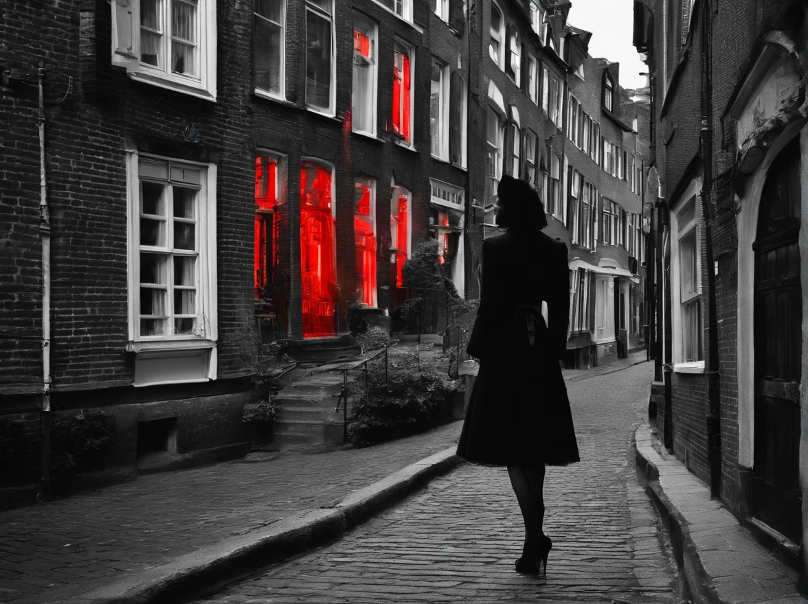 an award winning picture, black&white film noir atmosphere, photorealistic, (best detailed: 1.5), of the red windows of Amsterdam, best detailed picture in (black and white:1.5), a picture of a street on the river, you see the length of the street, the buildings from its start on the street are one or two stories high, its night time, model715(red lights:1.5) coming from the windows of the buildings, the other side of the street is the a river, there is a  (woman, standing with her back to the camera: 1.2), woman in (black and white:1.5) dynamic hair, ultra feminine, she is wearing pantyhose, short skirt, and wearing high heels, the picture is a from street's floor, you see the street to the left, there are the buildings and the light coming from them, and from the right side there is the  river, the woman is standing in the street, its night time, there is moon light and stars, ultra best realistic, best details, best quality, 16k, (ultra detailed: 1.5), masterpiece, best quality, (extremely detailed), ultra wide shot, photorealism, depth of field, hyper realistic