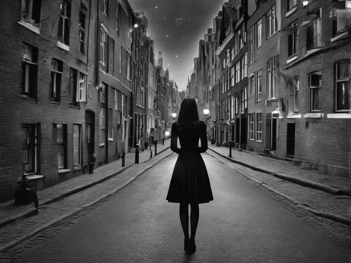 Arafed woman walking down a street in a black and white photo - SeaArt AI