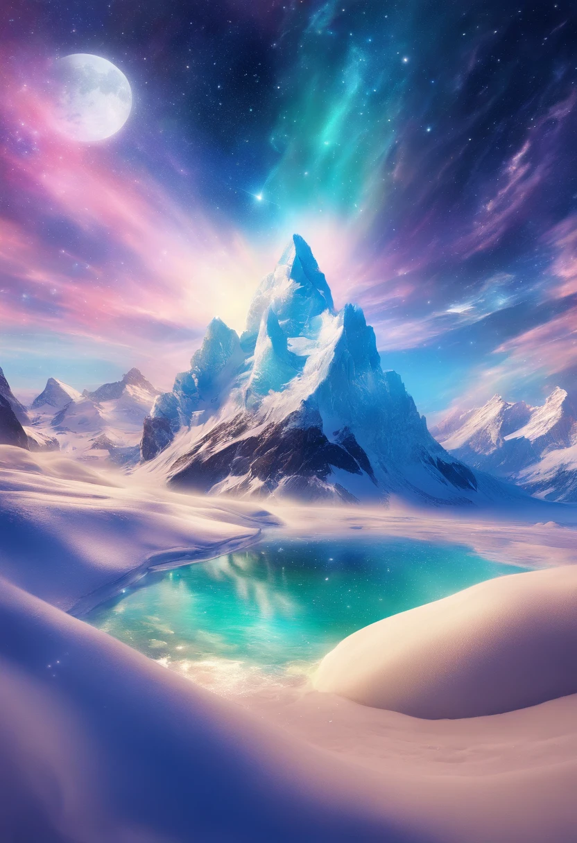 This is a surreal and exquisite CG rendering. Night, the light blue of the sky, covering the beach glaciers, green crystal heart stone, light path, feathers, moon, stars, art, high resolution, the starry sky, many small colorful light particles, is the Milky Way, the arctic, tundra and tip to illuminate, fantasy, high detail, beautiful, 8 k, tane light shadow, complex details of ultra wide Angle, panoramic camera, 8 k. High definition. Volume light --ar 9:16