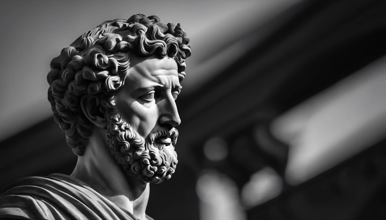 a portrait statue of the stoic Marcus Aurelius in black and white 4K,Face de lado, papel de parede super realista, corpo inteiro, corpo forte, musculoso, forte, sem camisa