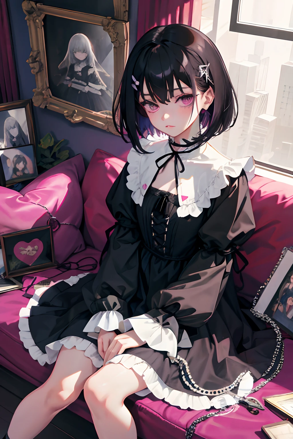 hand between legs,,(masterpiece,Highest Quality),shortsleeves,Magenta Gothic Lolita,Sleepy face,A dark-haired,Medium bob,utility knife,Small scissors,chains,picture frame
