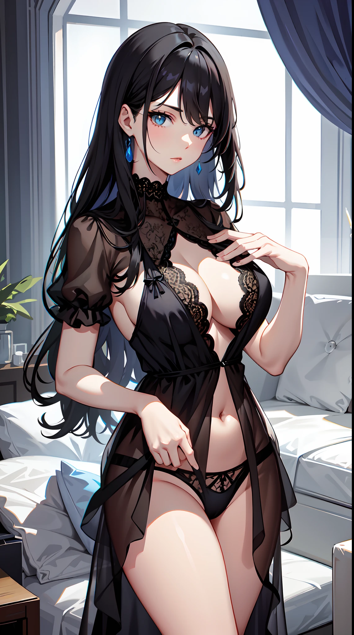 a beauti,clean black hair,Wear no-hanging blue lace lingerie,Big chest,Exposing thighs,Perfect hands,is shy,seductiv