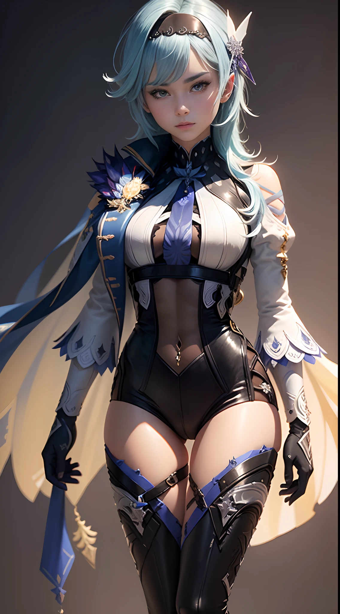 ((Obra maestra)),(mejor calidad),arte oficial,CG extremadamente detallado,fondo de pantalla de unidad 8k,ultra detallado,hermosos ojos detallados,cara extremadamente detallada,al aire libre,1 chica,solo,tiro de vaquero,mirando al espectador,frente al espectador,sonrisa,cristian liseria,cabello muy largo,pelo blanco,lazo de pelo derecho,Arco rojo,flequillo trenzado,pendientes,pelo entre los ojos,blue eyes,joyas,uniform,(Chaqueta azul),chaqueta abierta,cuello de ala,corbata negra,Camisa blanca,camisa de cuello,camisa de vestir,mangas largas,pechos grandes,cruzado,white belt,mini falda,(falda azul),falda de cintura alta,muslos negros,correas de liga,zettai ryouiki,calzado negro,