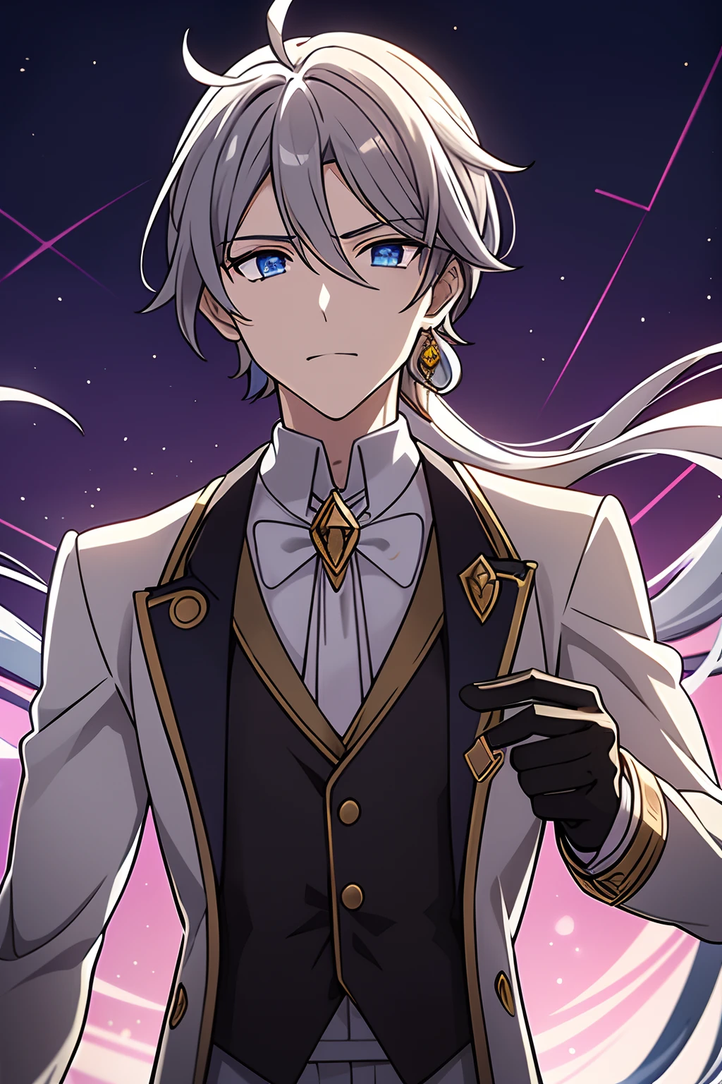 He had light bloonde Messy hair, blue eyes, medium build, wearing Zhongli's attire is elegant and form-fitting, consisting of a beige dress shirt, a brown and amber waistcoat, slim black trousers, black dress boots, and black gloves with twin silver archer rings on the thumbs. His neckpiece is a white tie pinned at the throat by an amber gemstone. His left ear is adorned with a jeweled tassel earring. Over everything, he wears a long dark brown tailcoat with dragon scale patterns, gold and silver accents, golden tassels, and Rex Lapis' diamond symbol on the back. Zhongli's clothes are decorated with diamond symbols found on his sleeves, belt, trousers, waistcoat buttons, and tailcoat buttons. He wears a Geo Vision embedded on the chain at the small of his back.