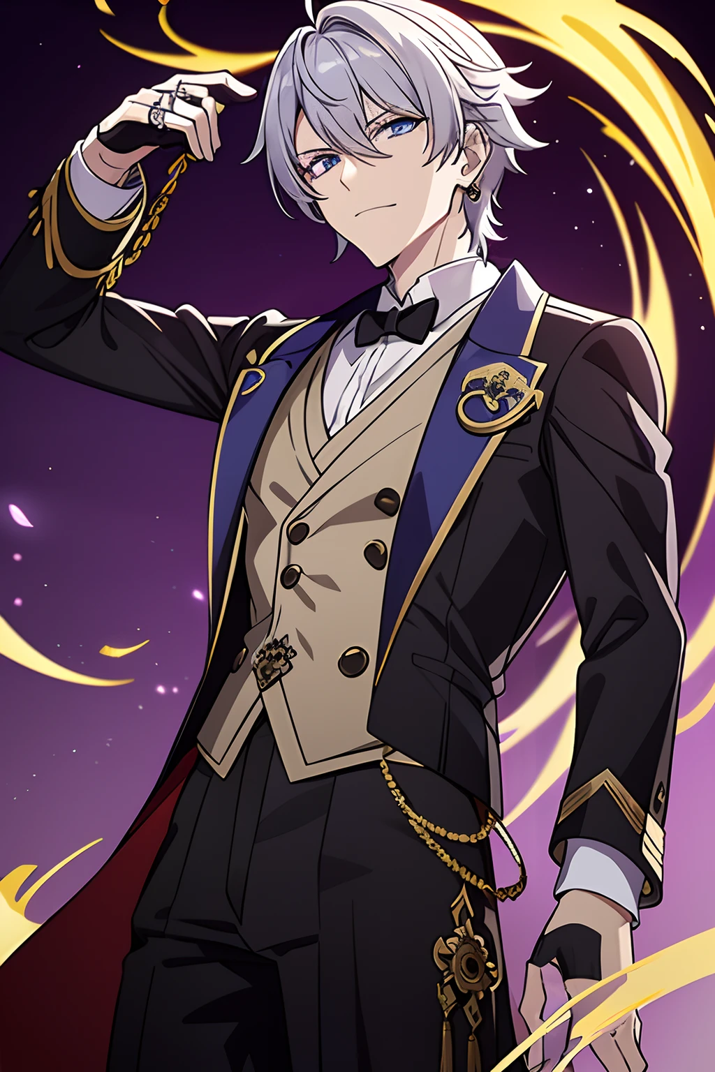 He had light bloonde Messy hair, blue eyes, medium build, wearing Zhongli's attire is elegant and form-fitting, consisting of a beige dress shirt, a brown and amber waistcoat, slim black trousers, black dress boots, and black gloves with twin silver archer rings on the thumbs. His neckpiece is a white tie pinned at the throat by an amber gemstone. His left ear is adorned with a jeweled tassel earring. Over everything, he wears a long dark brown tailcoat with dragon scale patterns, gold and silver accents, golden tassels, and Rex Lapis' diamond symbol on the back. Zhongli's clothes are decorated with diamond symbols found on his sleeves, belt, trousers, waistcoat buttons, and tailcoat buttons. He wears a Geo Vision embedded on the chain at the small of his back.