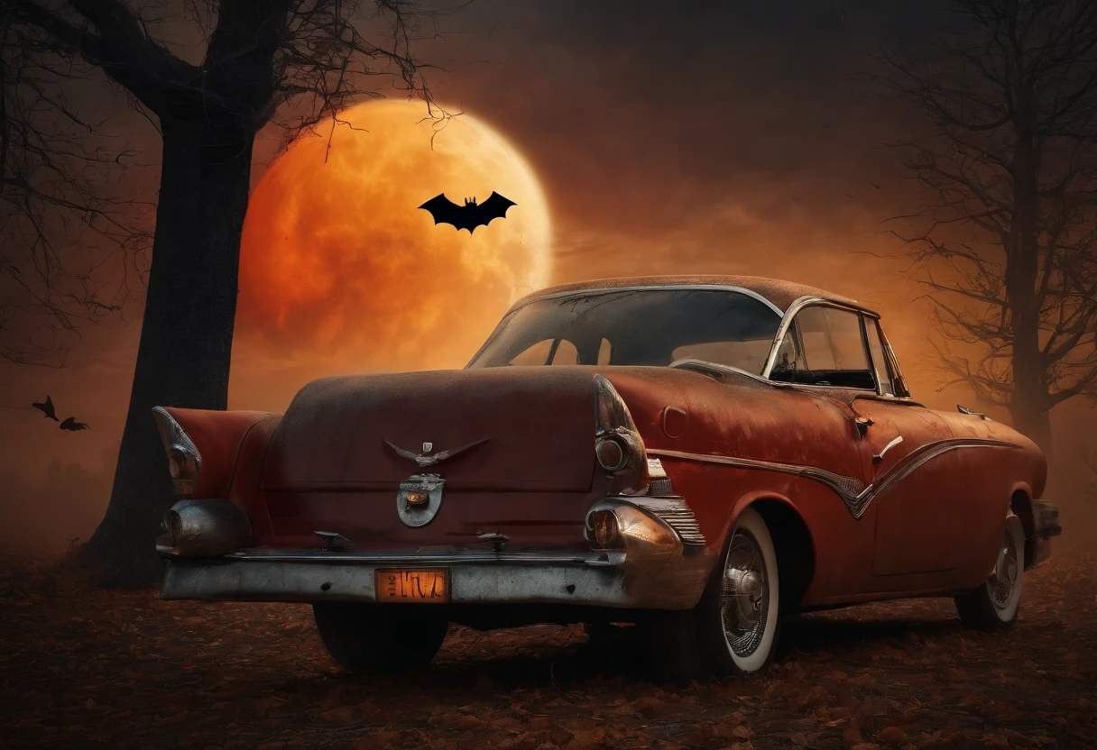 Halloween poster, pumpkin, bat, withered giant branches, red moon, ray tracing, stacked chests, roads 2:3