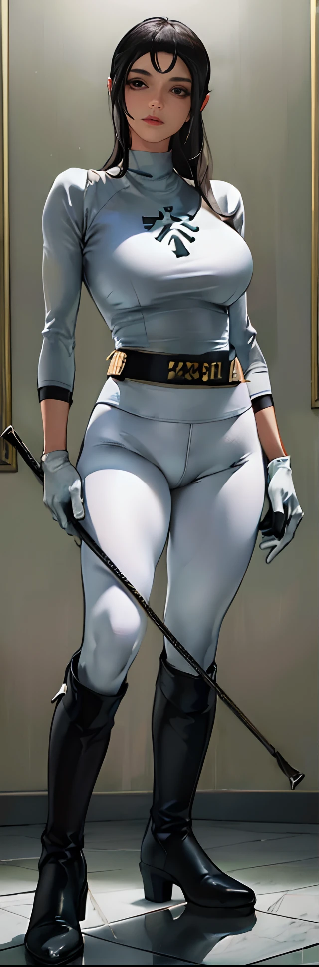 (highest resolution, distinct_image) best quality, a woman, solo, masterpiece, highly detailed, semi realistic, black cropped, black hair, bangs, 18 years old, mature, young, tall strong, uniform, military uniform,(luxury hotel room background:1.2), cold, serious, tall, handsome, autocratic, powerful, exquisite facial features, exquisite facial features, (full body)(black knee-high boots:1.4)(dominatrix:0.3)(white Yoga pants:1.3),(gloves:1.5)(long sleeves:1.2),(active white sportswear shirt),(princess Zelda),solo,1girl,(looking at viewer),(from below:0.8)(head turned upwards:0.3)(smiling:0.4)(bodysuit:0.1)(holding riding crop:1.2)(other hand empty)(muscular:0.2),(black belt), (shirt tucked in pants),(standing on ground), (marble floor)