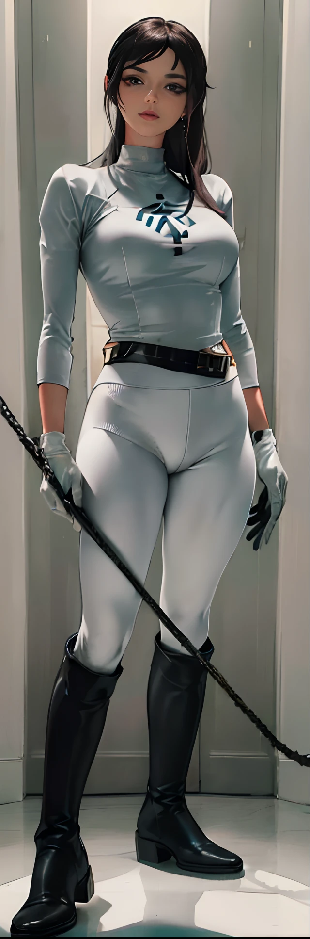 (highest resolution, distinct_image) best quality, a woman, solo, masterpiece, highly detailed, semi realistic, black cropped, black hair, bangs, 18 years old, mature, young, tall strong, uniform, military uniform,(luxury hotel room background:1.2), cold, serious, tall, handsome, autocratic, powerful, exquisite facial features, exquisite facial features, (full body)(black knee-high boots:1.4)(dominatrix:0.3)(white Yoga pants:1.3),(gloves:1.5)(long sleeves:1.2),(active white sportswear shirt),(princess Zelda),solo,1girl,(looking at viewer),(from below:0.8)(head turned upwards:0.3)(smiling:0.4)(bodysuit:0.1)(holding riding crop:1.2)(other hand empty)(muscular:0.2),(black belt), (shirt tucked in pants),(standing on ground), (marble floor)