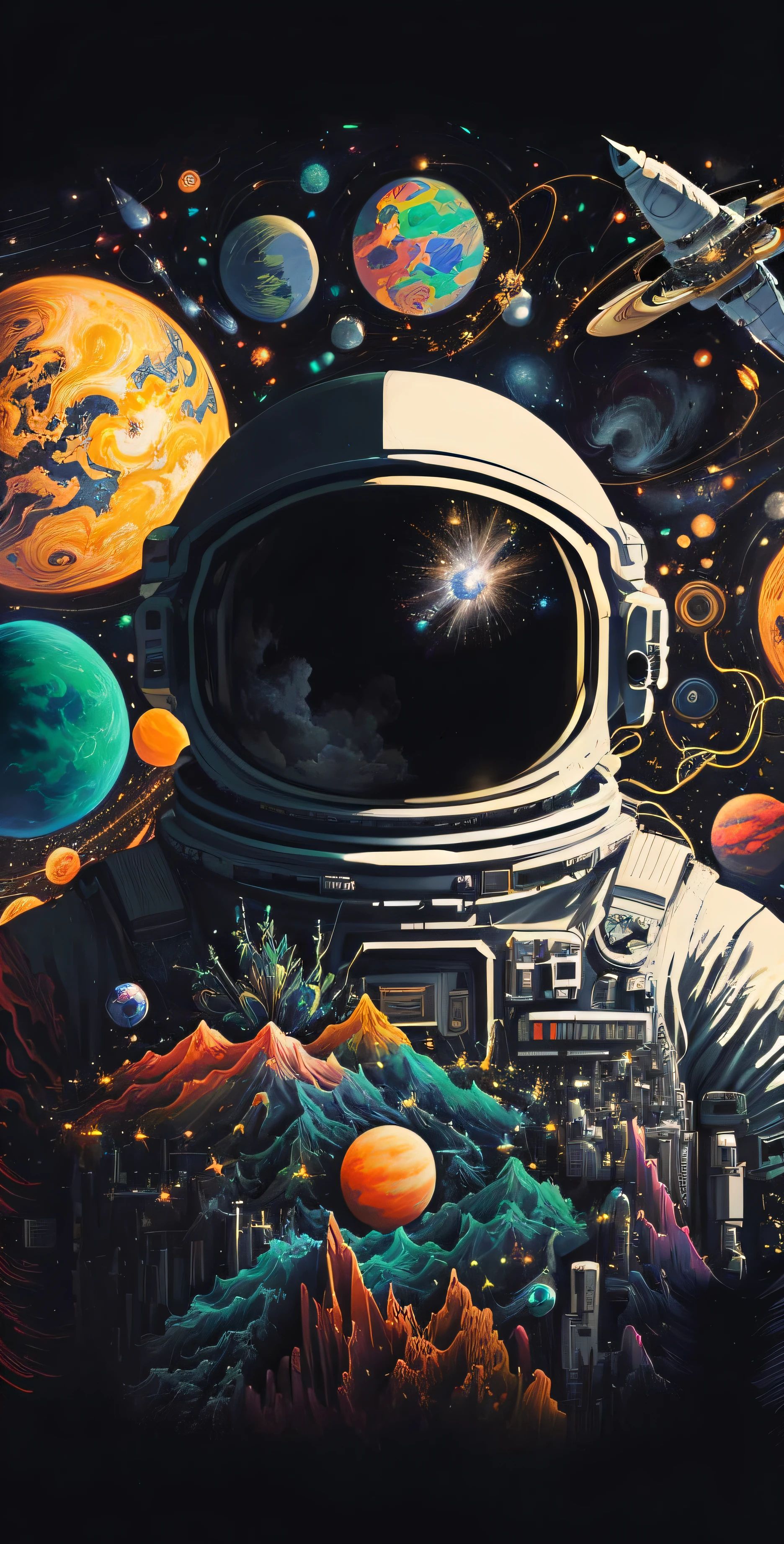 A painting of astronauts in space surrounded by planets, space, amazing wallpapers, Space travelling, cosmic space, detailed astronaut, Space travelling, cosmic space, Space art, lonely astronaut, Surreal space, cosmic ambient, great digital art with details, space themed, looking off into space, outerspace, Astronaut, space colors, 4k highly detailed digital art