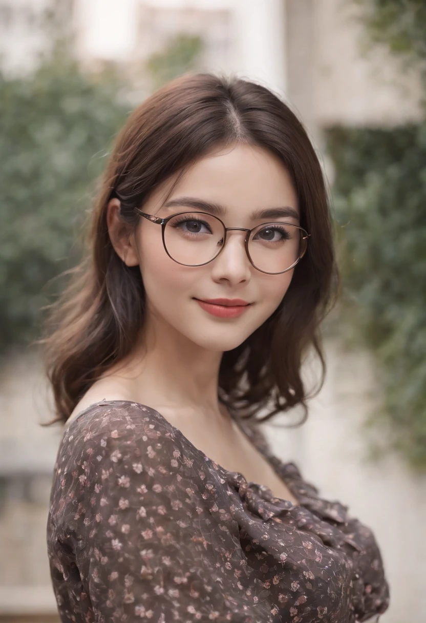 girl with、20yr old、Cute、Lori、A dark-haired、real  face、a smile、eye glasses、blouse、skirt by the、half up、top grade、Cat face