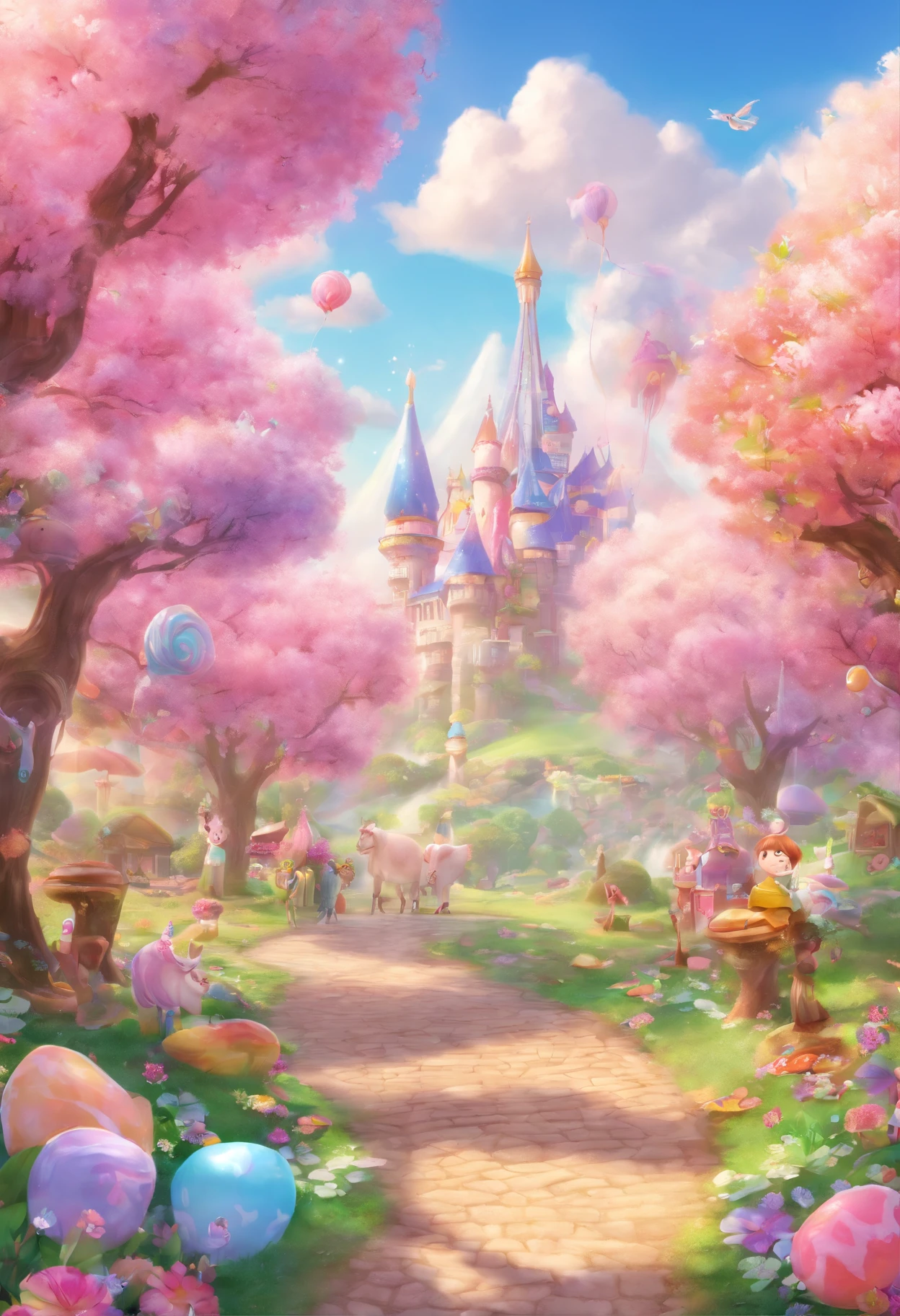 best quality,4k,8k,Altas,master part:1.2,ultra-detalhado,Realistic:1.37,Floresta de doces cor-de-rosa,sonhador,encantado,magica,caprichoso,conto de fadas,felicidade,SWEETNESS,fantasia,frisky, em um vestido rosa,Floating clouds of cotton candy,Chocolate trees with sweet leaves,Multicolored lollipops growing on the ground,sparkling sugar crystals,sprays falling from the sky,Magical unicorns gathered near a chocolate waterfall,cogumelos gumdrop gigantes,canas de doces espumantes que revestem o caminho,aroma doce enchendo o ar,soft pastel colors,Bright sunlight filtering through the candy canopy,joyful laughter of children,Surpresas deliciosas em cada esquina,Delights everywhere,feeling of stepping into an extravagant dreamland,despreocupado e cheio de maravilhas,bringing out the inner child,Sugar Rush da Felicidade,Endless exploration and adventure,Memories of childhood innocence,Unforgettable experience of pure joy.