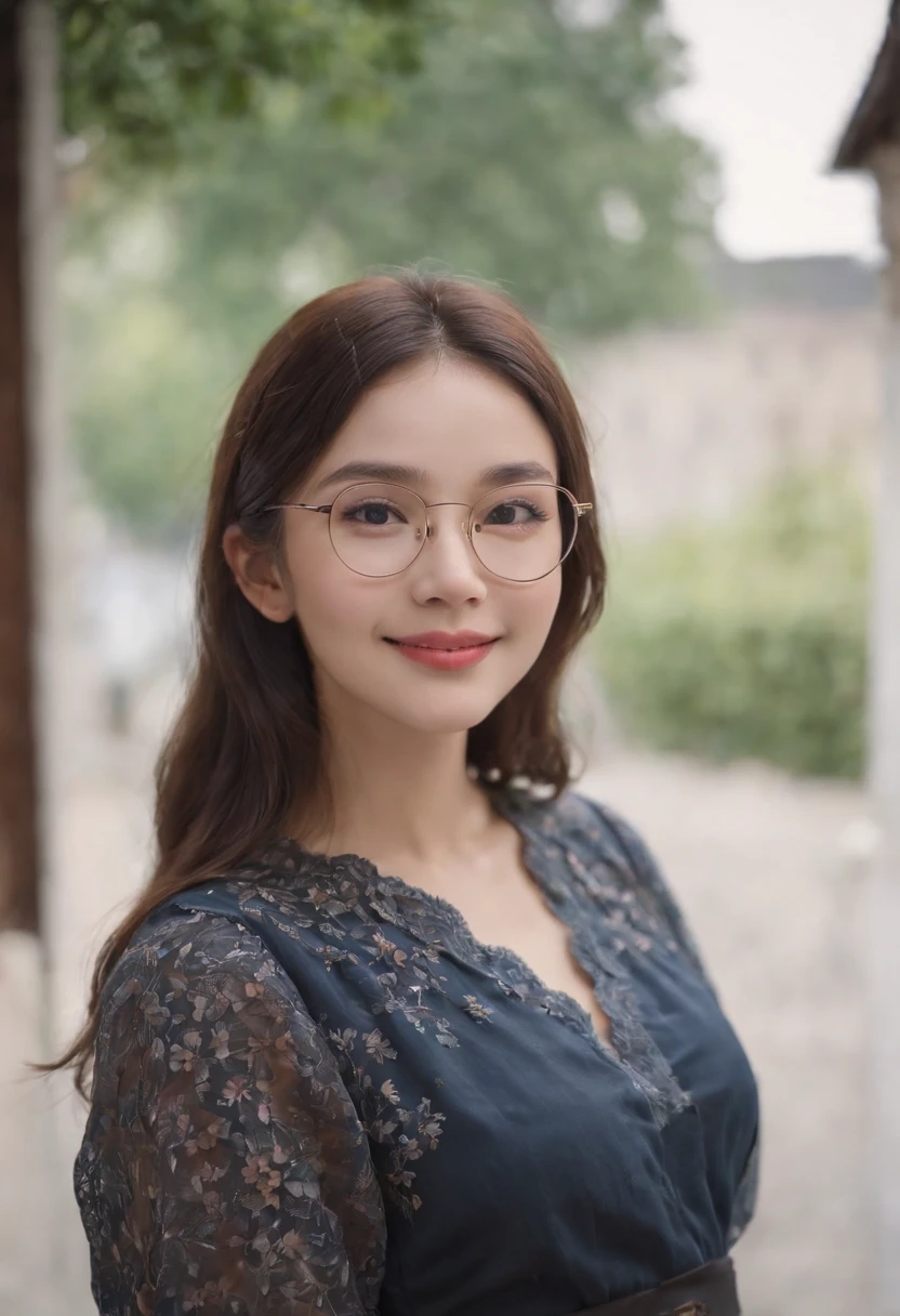 girl with、20yr old、Cute、Lori、A dark-haired、real face、A smile、eye glasses、Blouse、skirt by the、half up、top grade、Young face、Sauce order、kawaii faces