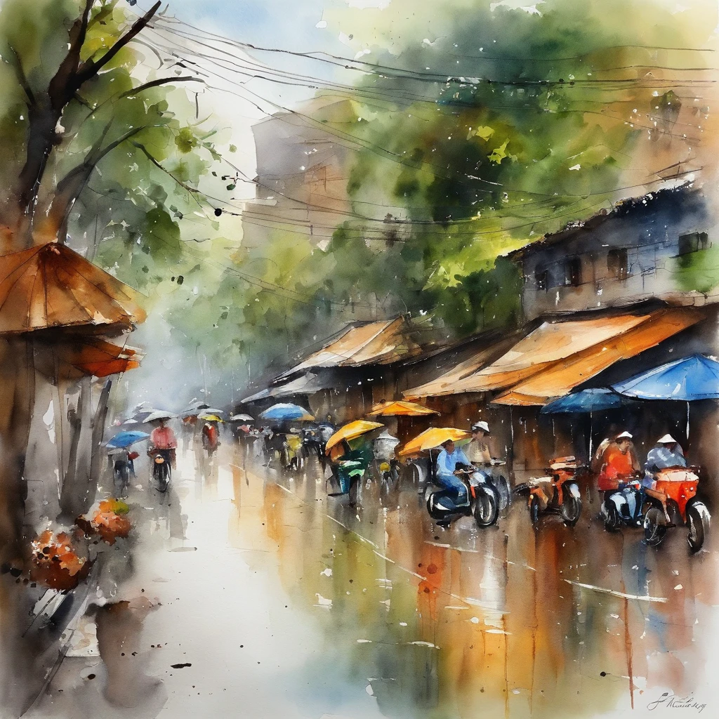 on the road in Hanoi, Vietnam, Der Regen kommt, Search for buildings, to protect yourself from the rain