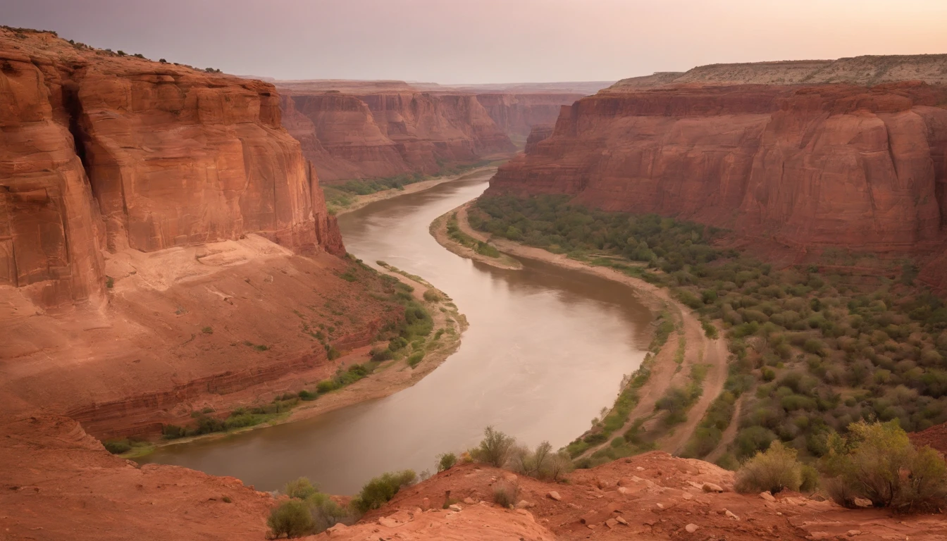 Big canyon,great outdoors,evening glow,Reddish-brown soil,The river flows