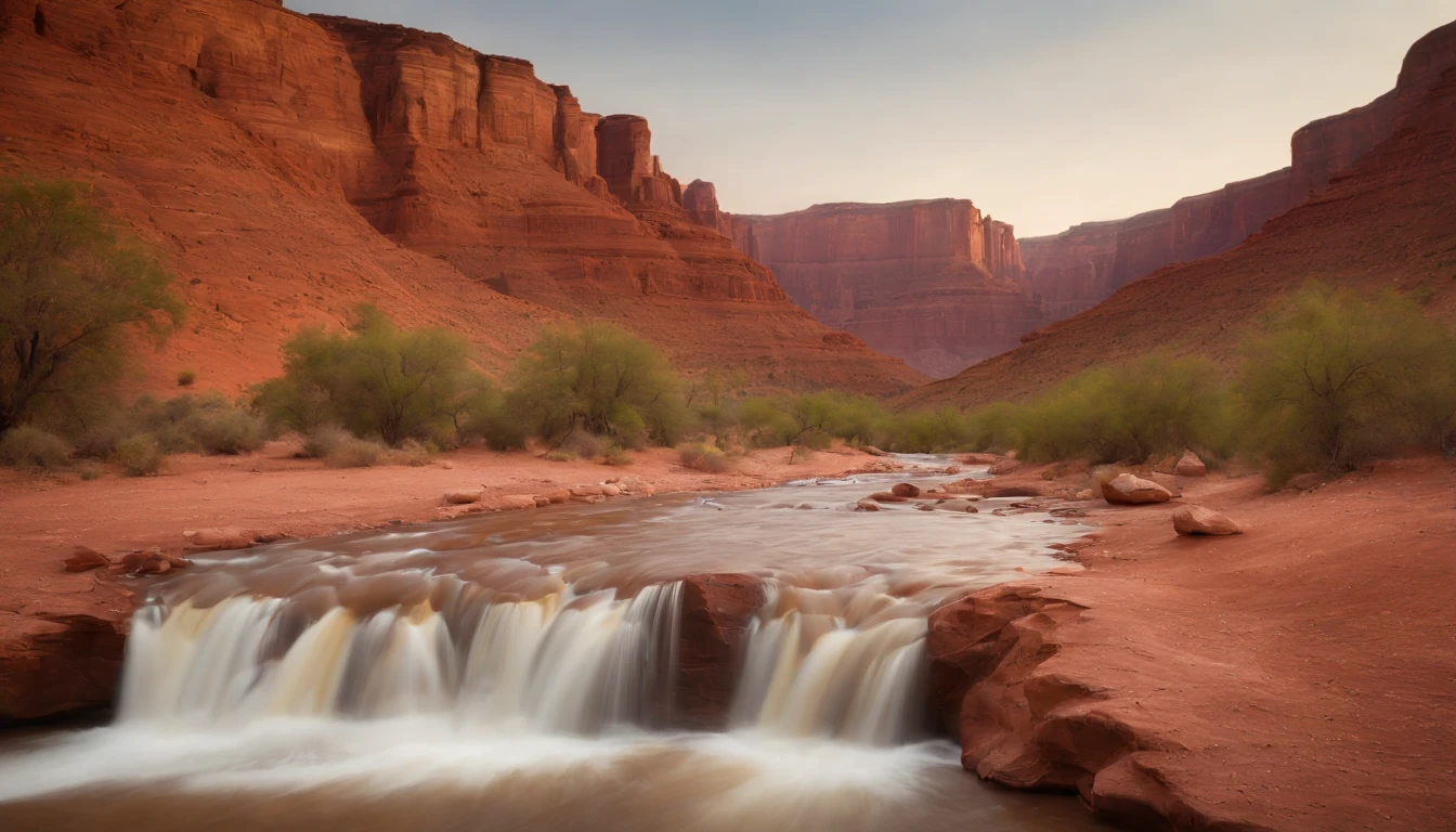 Big canyon,great outdoors,evening glow,Reddish-brown soil,The river flows