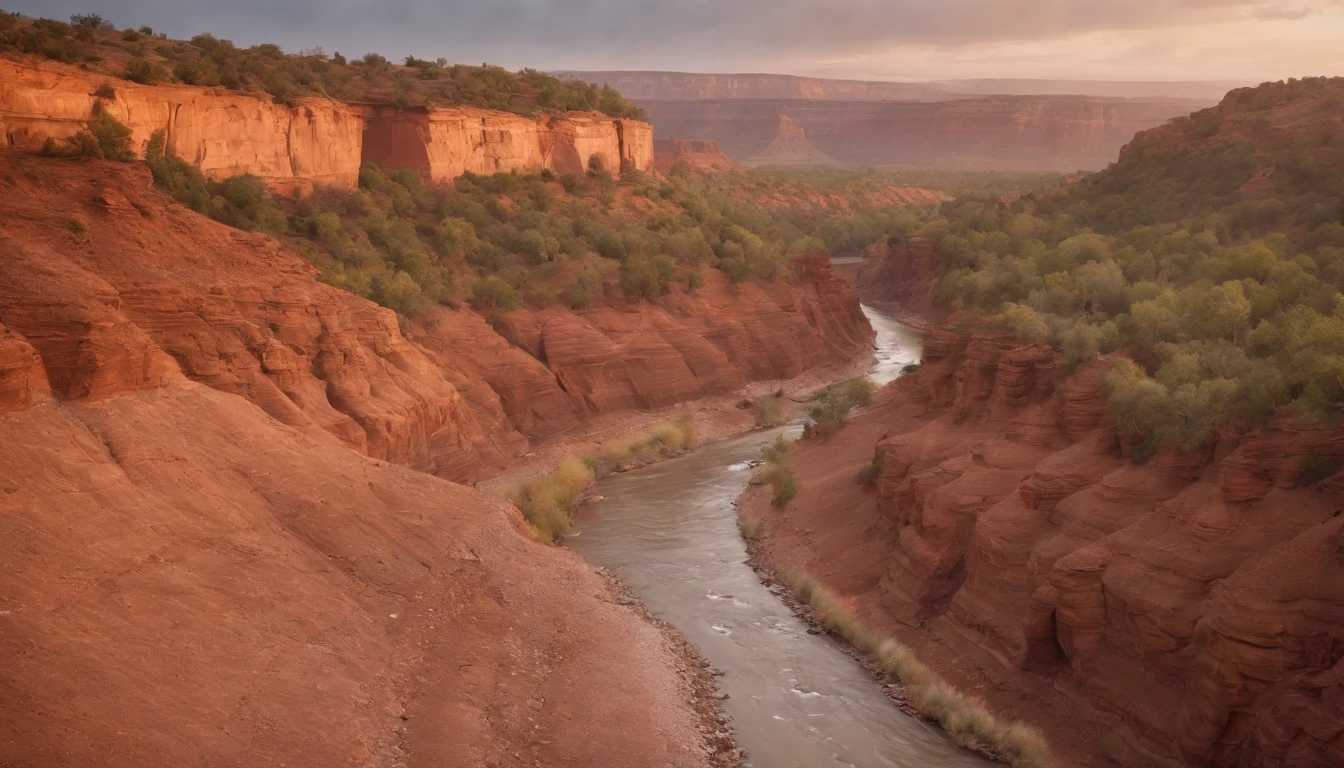 Big canyon,great outdoors,evening glow,Reddish-brown soil,The river flows