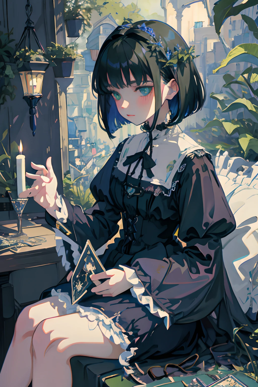 Holding your knees,sitting down on the floor,,(masterpiece,Highest Quality),Blue-green Gothic Lolita,A dark-haired,Medium bob,dark clouds, Night, (Impressionism:1.4), (tarot:1.3), Alphonse Mucha