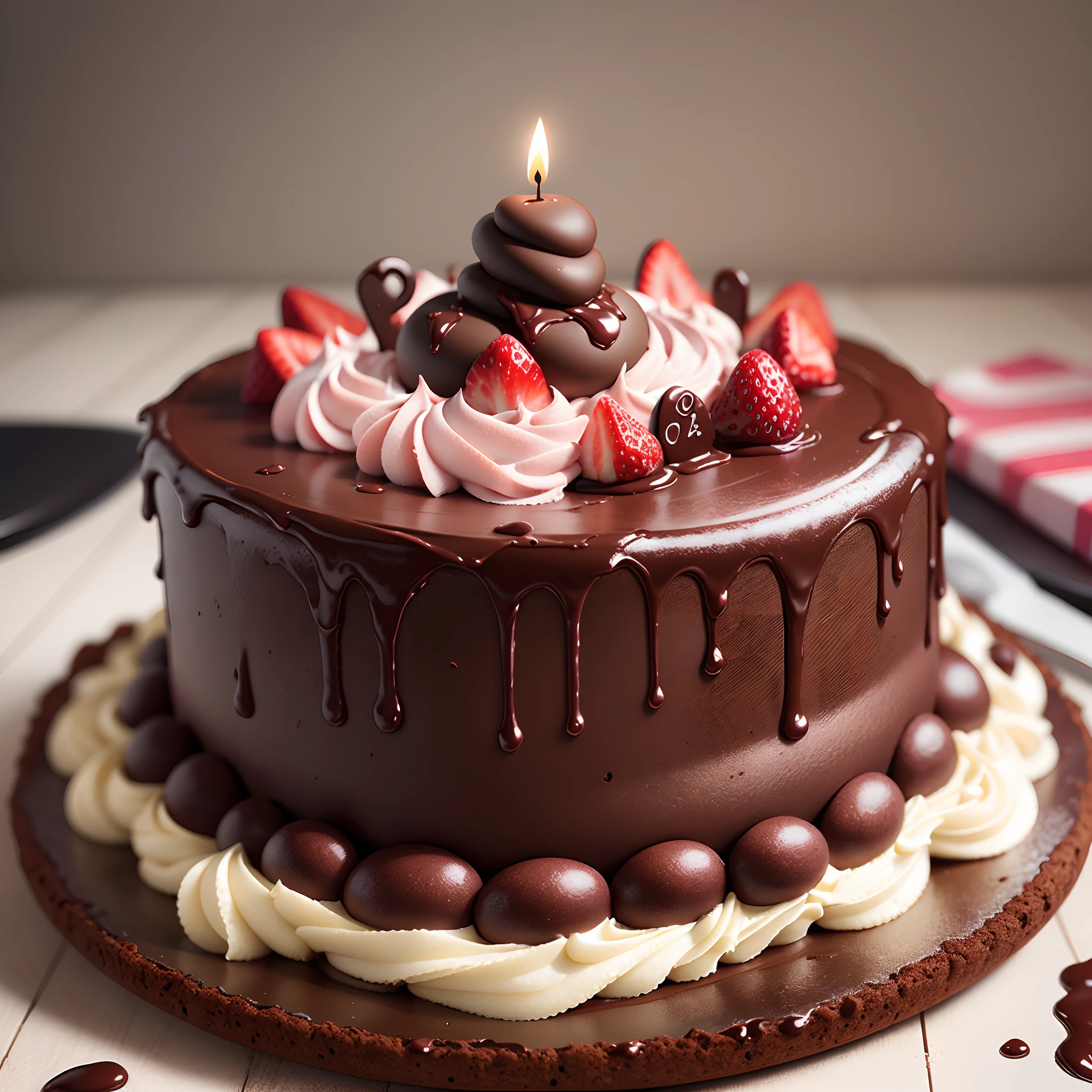 a chocolate birthday cake with strawberry frosting, muitas velas, 3d, - --auto --s2
