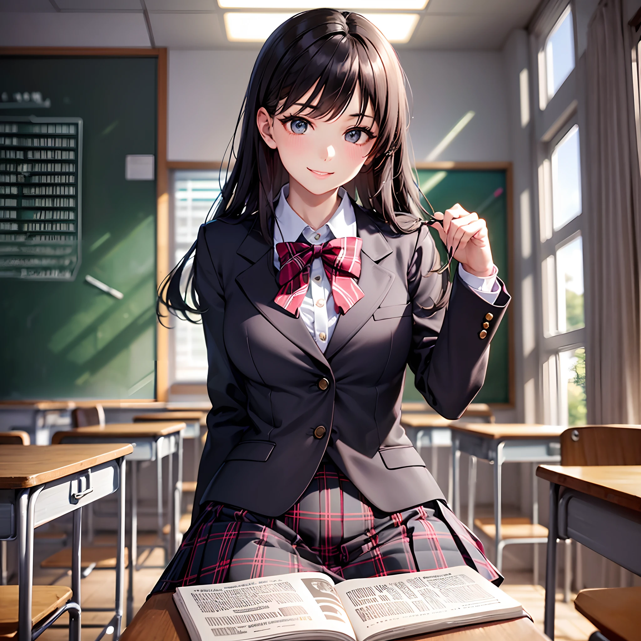 (Finest quality)),(超A high resolution),(ultra-detailliert),(Meticulous portrayal),((The best photos)),(Finest works of art),Ultra-Precision Art,The art of astounding depiction, (hi-school girl:1.5),(Beautiful face with dense and detailed details:1.3),a smile:1.3, Dense and detailed blazer:1.3,Dense and detailed skirt, Inside the classroom:1.4