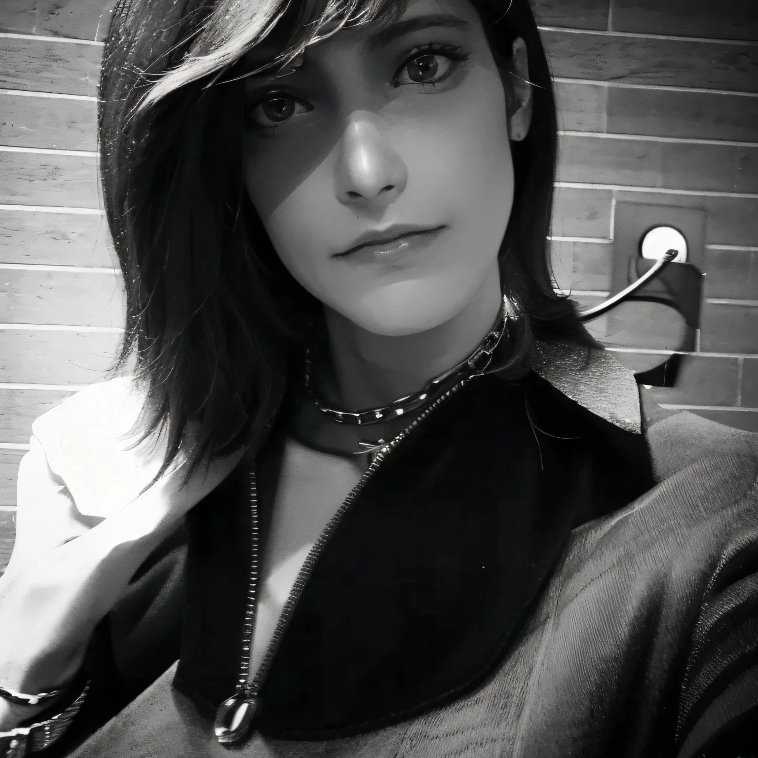 Arafed woman with a necklace and watch is taking a selfie, Cristina Kritkou, by Amelia Peláez, en blanco y negro, androginia, Mina Petrovic, androgynous person, Imagen de perfil, androgynous face, por Lucia Peka, Imagen en blanco y negro, by Emma Ríos, Portrait of an androgynous girl