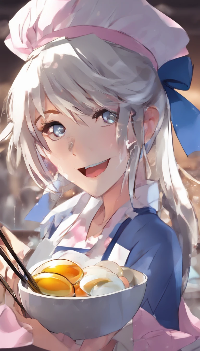(Best quality, Ultra-detailed, photo-realistic:1.37), Silver-haired woman, Fantastic blue eyes, Happy woman beating eggs with chopsticks, Soft lighting, pink apron, illustration, bangs, Flowing hair, Gentle breeze, Shiny hair, Thick egg whites, Close-up of black stockings, mitts, chef's hat.Blonde hair, Gradient hair, Pink hair, folded ponytail, blue halo, Glowing eyes, Wide eyes, drunk, Anime style, shadowing, back lit lighting, macro photograph, Close-up, first person perspective, head out of frame, hyper HD, High details, Best quality