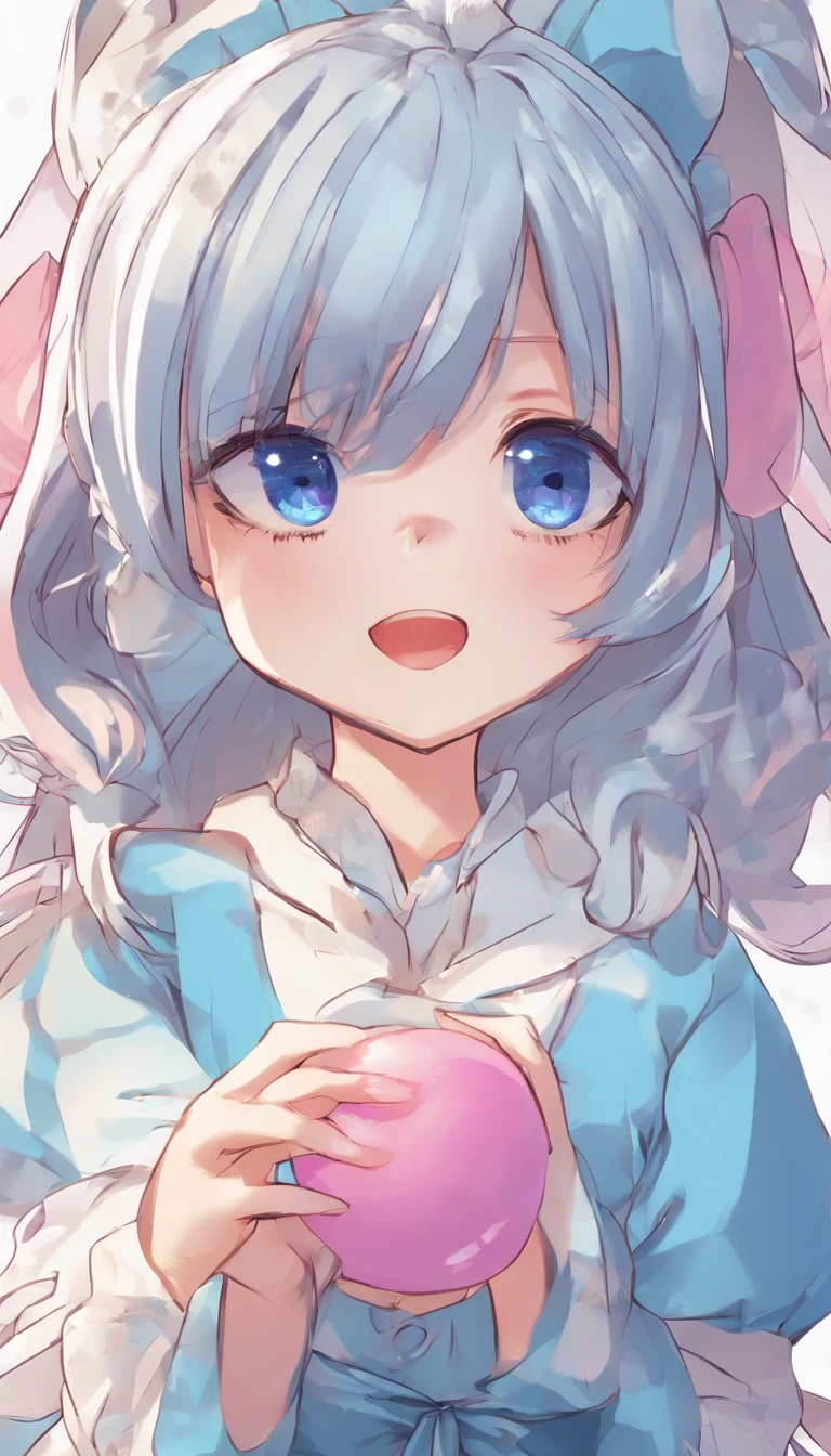 (Best quality, Ultra-detailed, photo-realistic:1.37), Silver-haired woman, Fantastic blue eyes, Happy woman beating eggs with chopsticks, Soft lighting, pink apron, illustration, bangs, Flowing hair, Gentle breeze, Shiny hair, Thick egg whites, Close-up of black stockings, mitts, chef's hat.Blonde hair, Gradient hair, Pink hair, folded ponytail, blue halo, Glowing eyes, Wide eyes, drunk, Anime style, shadowing, back lit lighting, macro photograph, Close-up, first person perspective, head out of frame, hyper HD, High details, Best quality