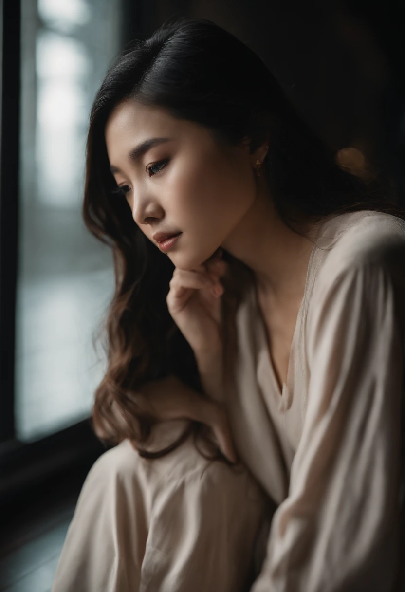 Asian girl, Extremely beautiful face,Elaborate Eyes,Fold your hands on your knees,low head,sadness,Dance studio,the rule of thirds, Tonal color scheme