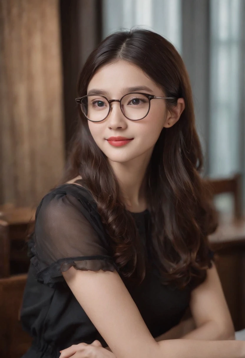 girl with、20yr old、Cute、Lori、A dark-haired、A smile、eye glasses、Blouse、skirt by the、half up、Young Face、Sauce order、kawaii faces、鎖骨