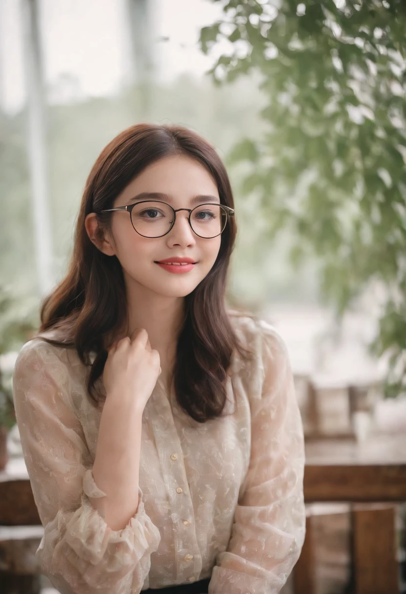 girl with、20yr old、Cute、Lori、A dark-haired、A smile、eye glasses、Blouse、skirt by the、half up、Young Face、Sauce order、kawaii faces、鎖骨