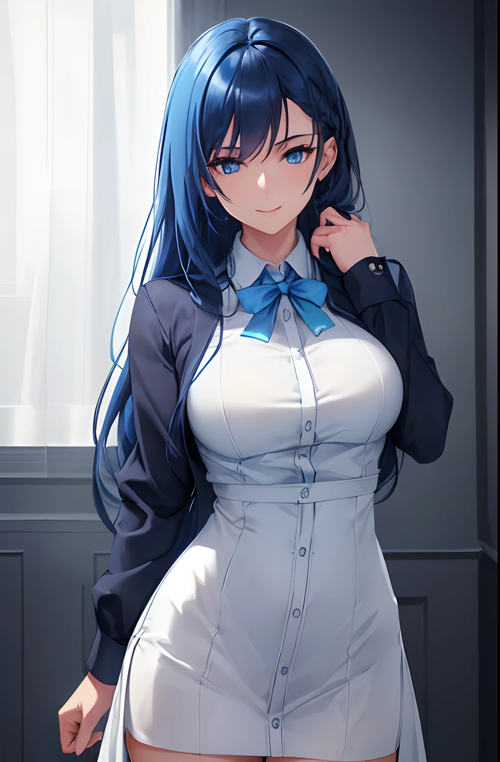 kk, best quality, more details, masterpiece, 1girl, female focus, solo, blue back, collared shirt, blue eyes, long hair, blue hair, smile, Looking at viewer, Luxury, 8k, Detail, ray tracing, Depth of field, Cinematic lighting, blue and yellow, Simple blue lines, simplified.