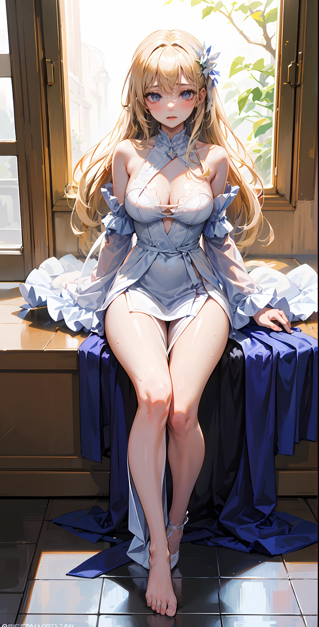 thick gooey semen+cum:1.2, milk, beautiful girl, illustration+intricate detail, high quality, long delicate hair flowing down to the floor cascading blonde, porcelain skin, wearing white fancy royal gown embossed, low lighting, sweat+moist+dripping perspiration water reflecting, petite+slender body:1.1, sexy+erotic pose:1.2, film grain, goldena