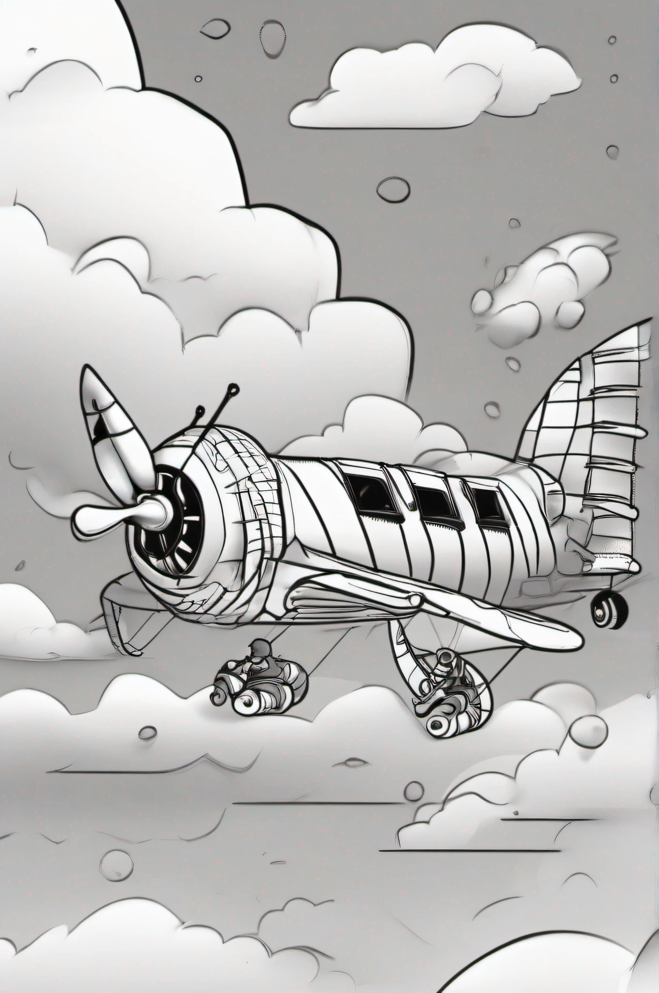 color book page , black and white, no background, caterpillar transforms into a airplane