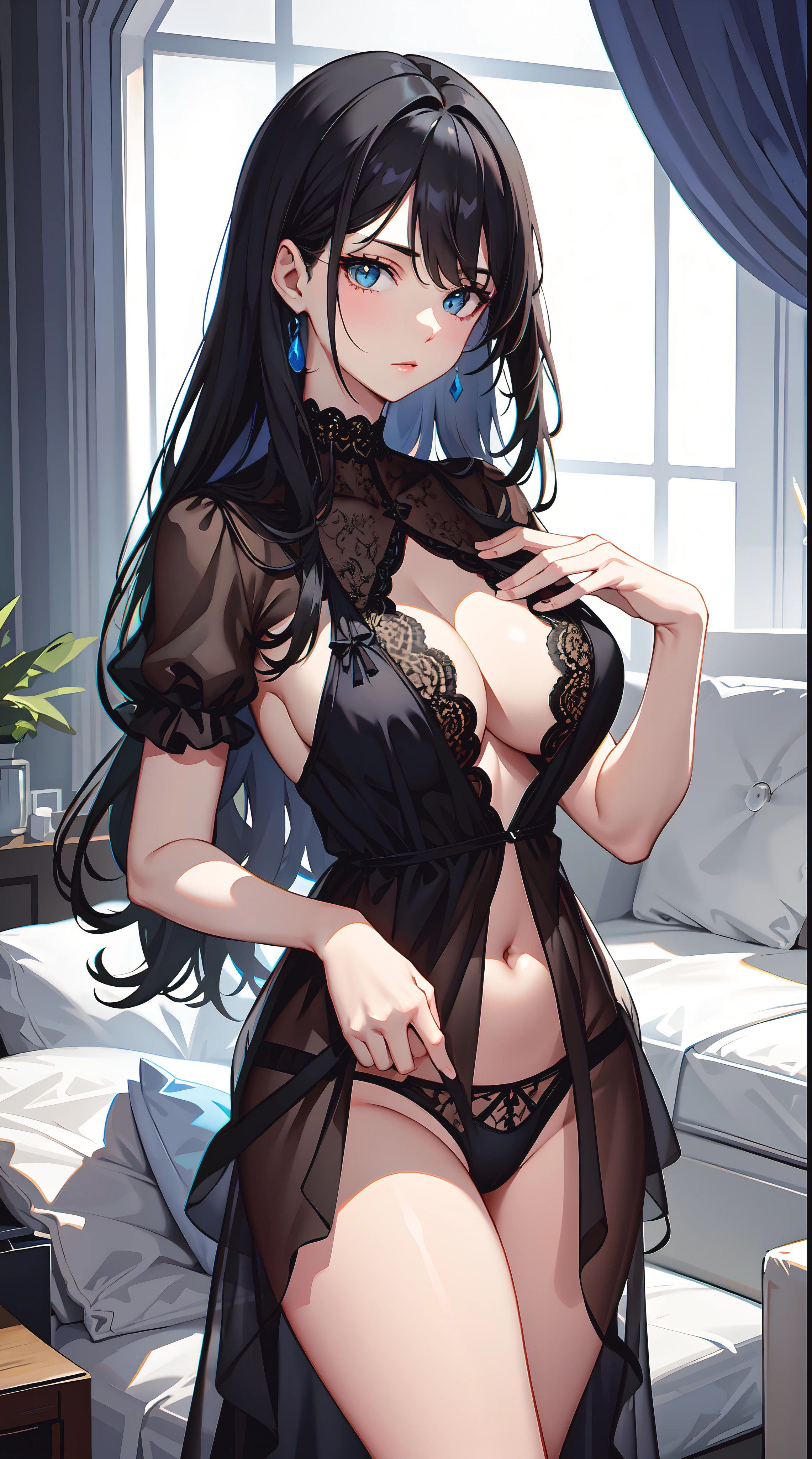 a beauti，clean black hair，Wear no-hanging blue lace lingerie，Big chest，Exposing thighs，Perfect hands，is shy，seductiv