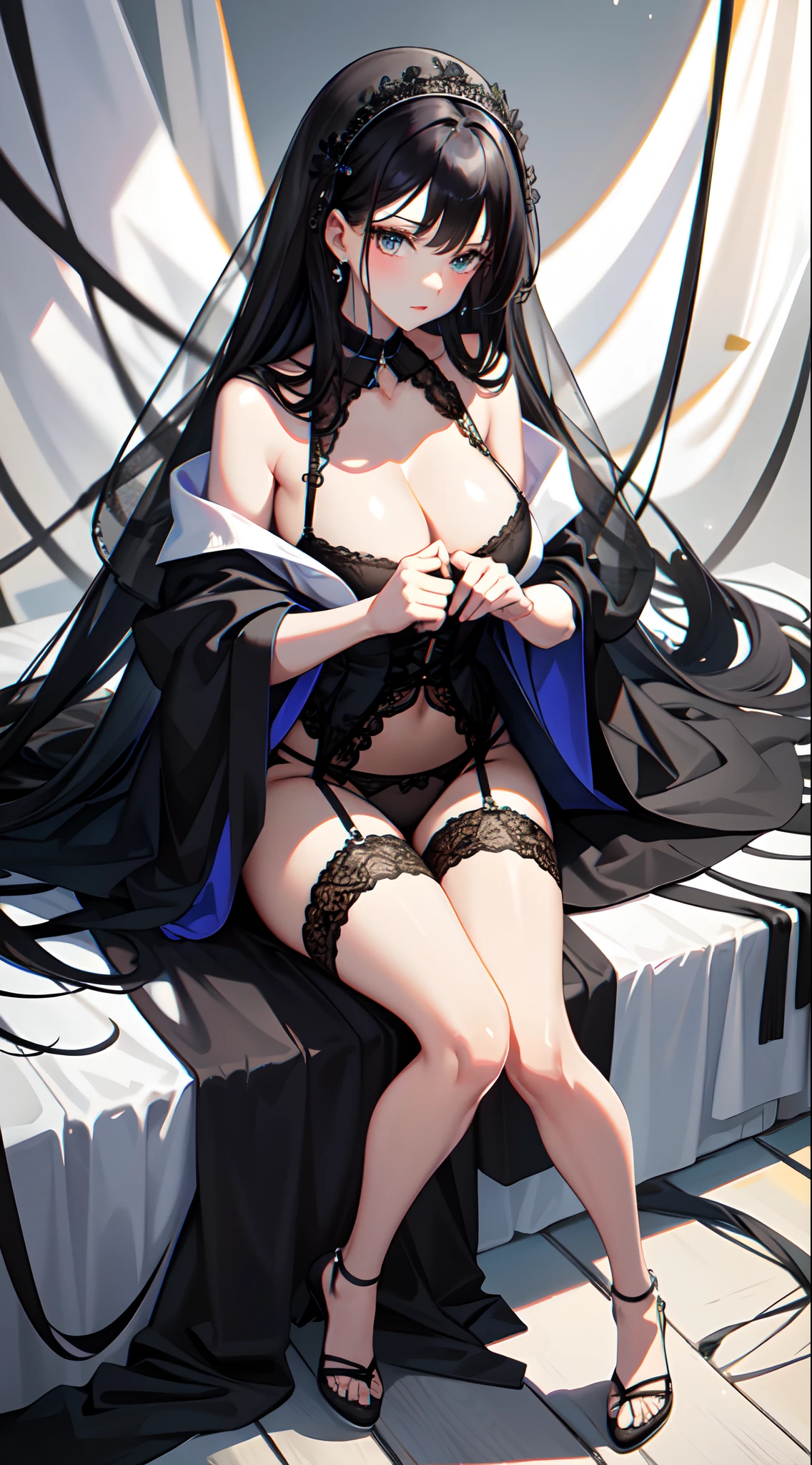 a beauti,clean black hair,Wear no-hanging blue lace lingerie,Big chest,Exposing thighs,Perfect hands,is shy,seductiv
