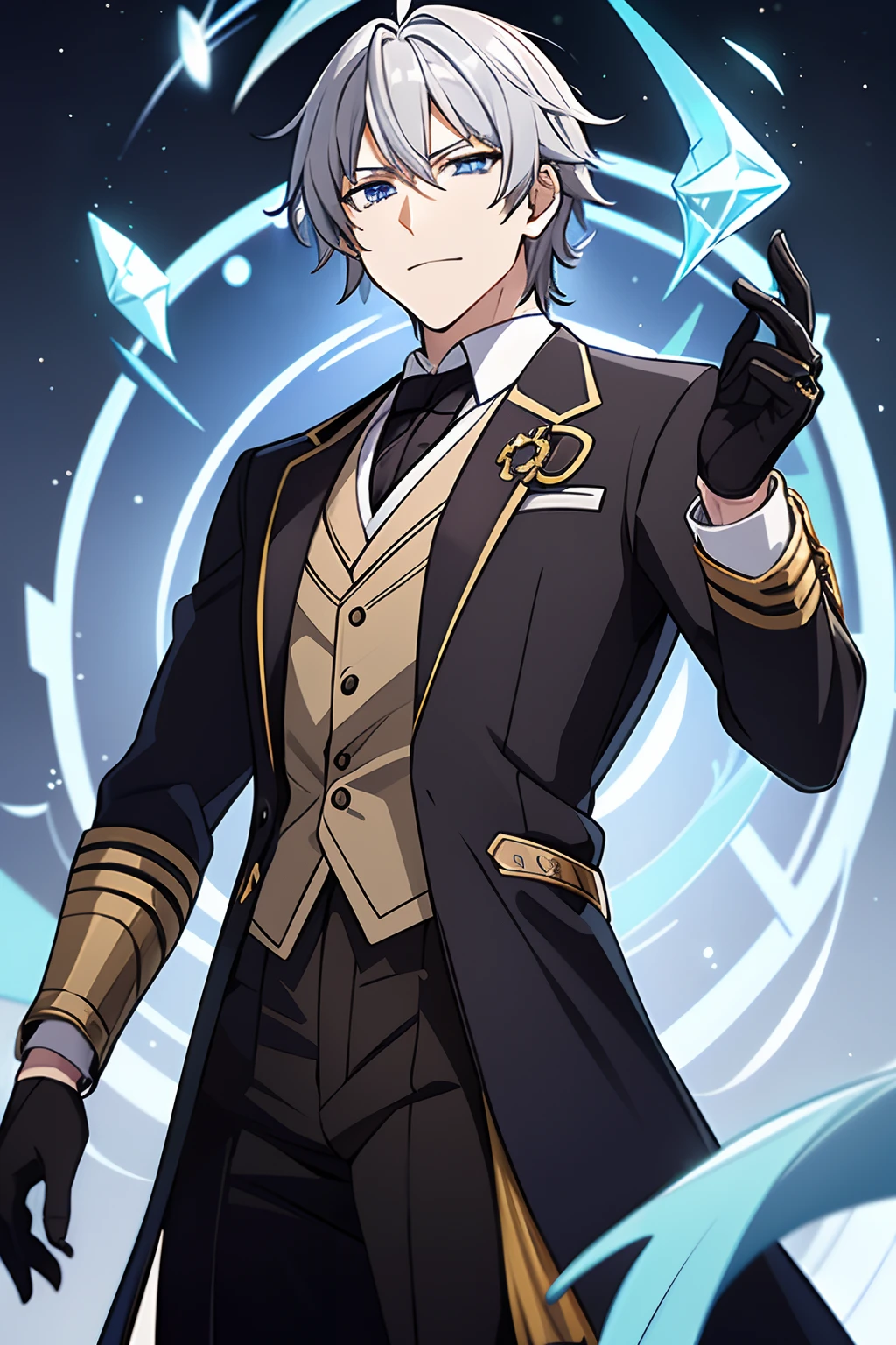 He had light bloonde Messy hair, blue eyes, medium build, wearing Zhongli's attire is elegant and form-fitting, consisting of a beige dress shirt, a brown and amber waistcoat, slim black trousers, black dress boots, and black gloves with twin silver archer rings on the thumbs. His neckpiece is a white tie pinned at the throat by an amber gemstone. His left ear is adorned with a jeweled tassel earring. Over everything, he wears a long dark brown tailcoat with dragon scale patterns, gold and silver accents, golden tassels, and Rex Lapis' diamond symbol on the back. Zhongli's clothes are decorated with diamond symbols found on his sleeves, belt, trousers, waistcoat buttons, and tailcoat buttons. He wears a Geo Vision embedded on the chain at the small of his back.