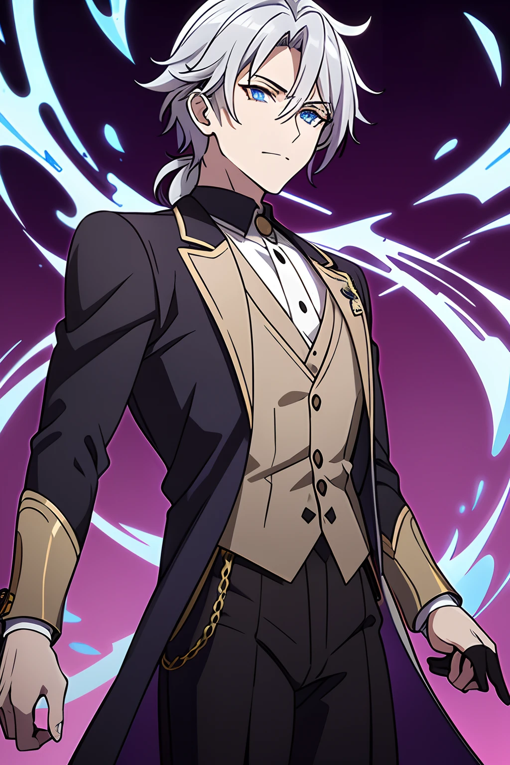 He had light bloonde Messy hair, blue eyes, medium build, wearing Zhongli's attire is elegant and form-fitting, consisting of a beige dress shirt, a brown and amber waistcoat, slim black trousers, black dress boots, and black gloves with twin silver archer rings on the thumbs. His neckpiece is a white tie pinned at the throat by an amber gemstone. His left ear is adorned with a jeweled tassel earring. Over everything, he wears a long dark brown tailcoat with dragon scale patterns, gold and silver accents, golden tassels, and Rex Lapis' diamond symbol on the back. Zhongli's clothes are decorated with diamond symbols found on his sleeves, belt, trousers, waistcoat buttons, and tailcoat buttons. He wears a Geo Vision embedded on the chain at the small of his back.