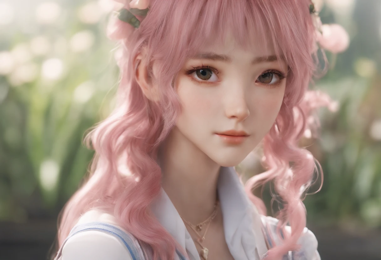 anime girl with pink hair and blue eyes wearing a vest, render of april, sayori, close up iwakura lain, 8k portrait render, render of a cute 3d anime girl, photorealistic anime girl render, smooth anime cg art, close up of a young anime girl, anime visual of a cute girl, rin, anime moe artstyle