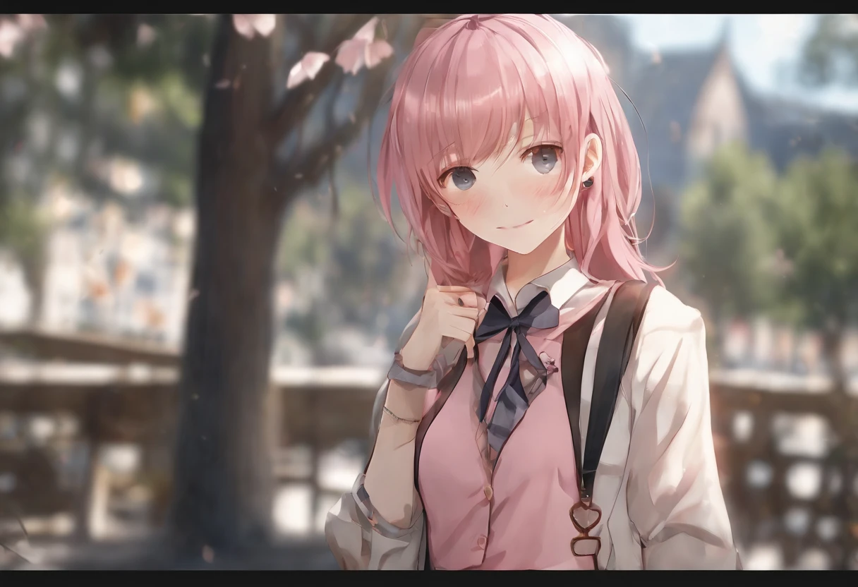 anime girl with pink hair and blue eyes wearing a vest, render of april, sayori, close up iwakura lain, 8k portrait render, render of a cute 3d anime girl, photorealistic anime girl render, smooth anime cg art, close up of a young anime girl, anime visual of a cute girl, rin, anime moe artstyle