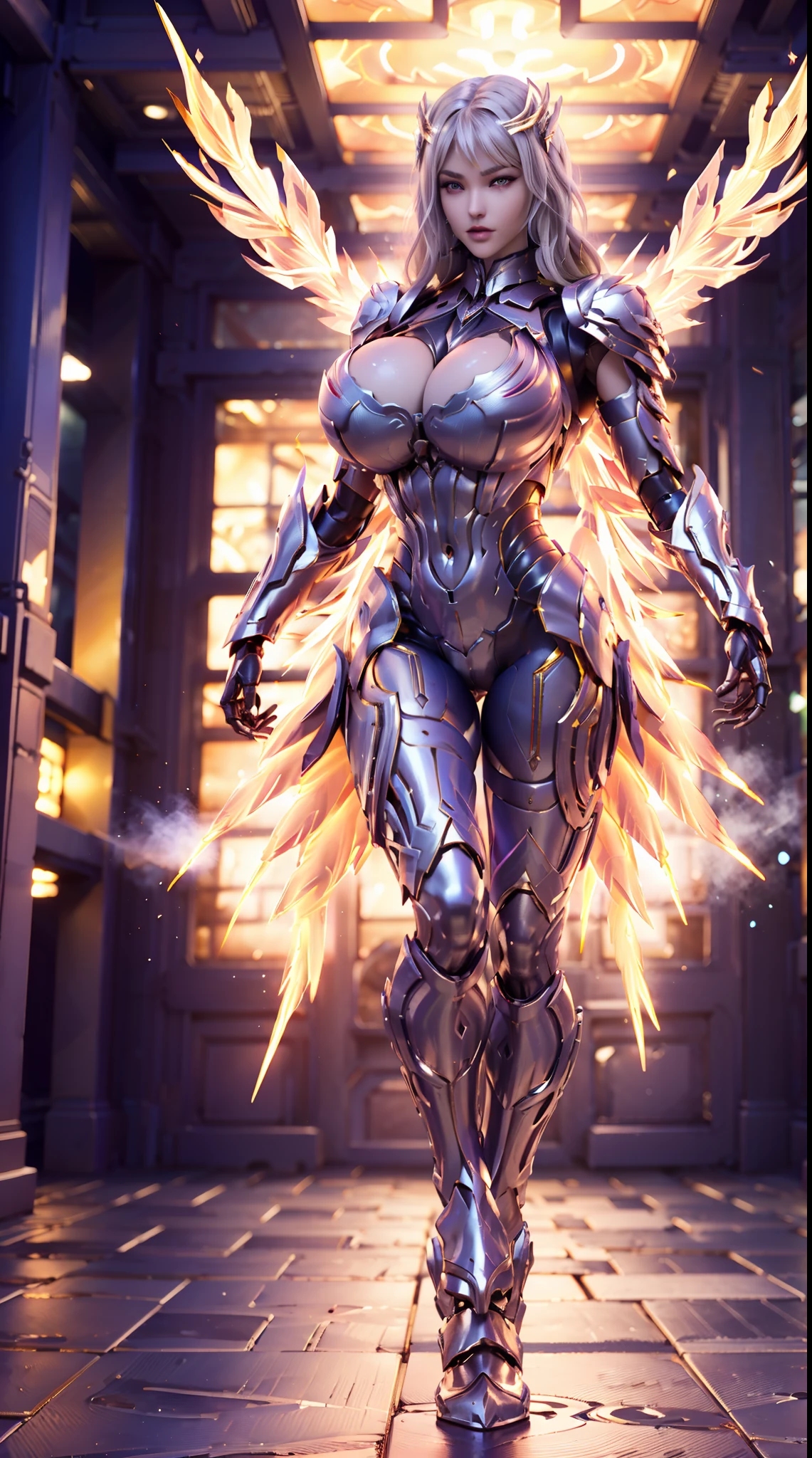 ((PHOENIX HEAD)), HUGE FAKE BOOBS, (BEAUTIFUL FACE), (BLONDE HAIR), (WHITE, PURPLE, GOLD), (PHOENIX ARMORED GEAR), ((A PAIR OF LARGEST PHOENIX DOUBLE WINGS)), FUTURISTIC PHOENIX MECHA LATEX SUIT, (CLEAVAGE), (SKINTIGHT YOGA PANTS), (SEXY LEGS), (LOOKING ON VIEWER), (FULL BODY), ((STANDING)), (SLENDER), (SEXY BODY), (MUSCLE ABS), UHD, 8K, 1080P.