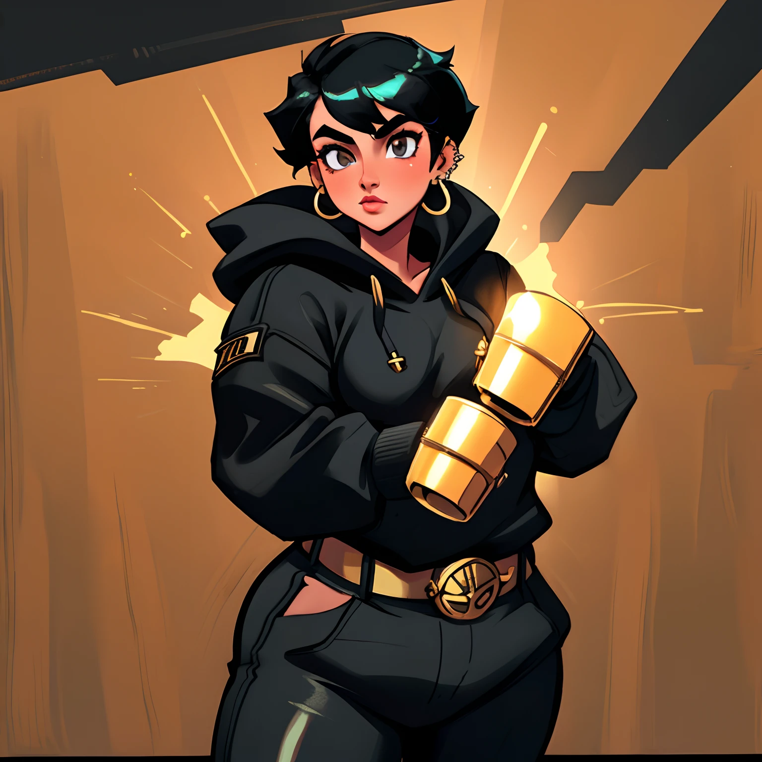 (1woman), (solo), young woman, 20s, (high quality), (high detailed), tomboy, tall height, buffed, plump, short black hair, nose piercing, black hoodie, brass knuckles