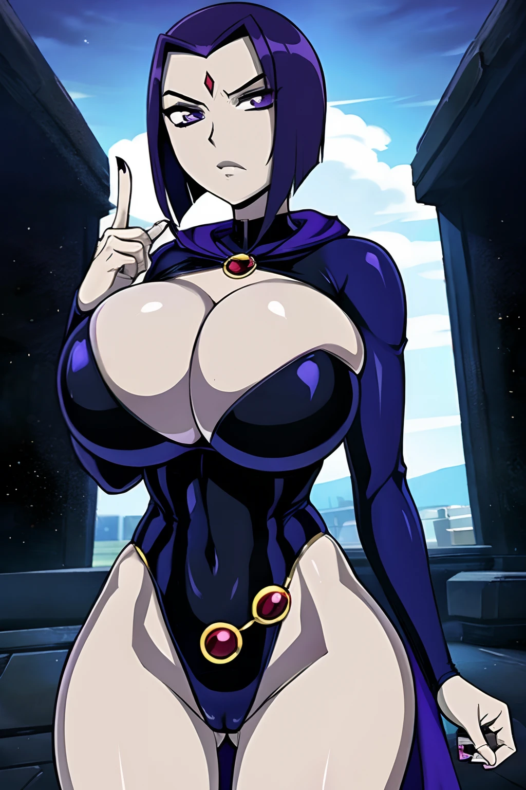 titans, Raven, anime, masterpiece, 1girl, ((bimbo))), purple eyes, short purple hair, wide hips, thick thigh, big breast, huge ass, shiny skin, black suit, blue cloak, posing, hand signs