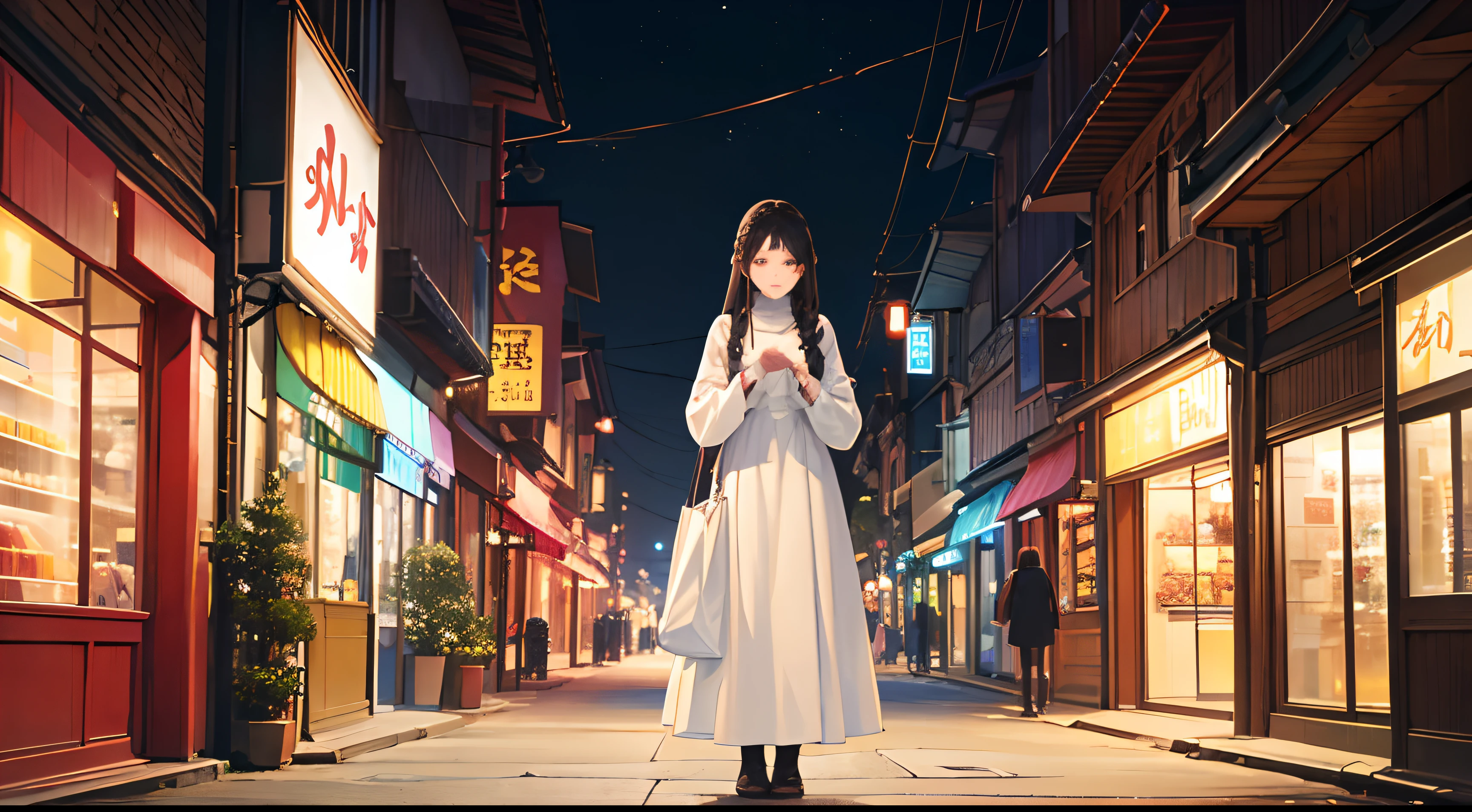 Standing and bowing your head、One woman apologizing(A dark-haired、Braided hair、White Dress、long-sleeve)The background is a shopping street at night