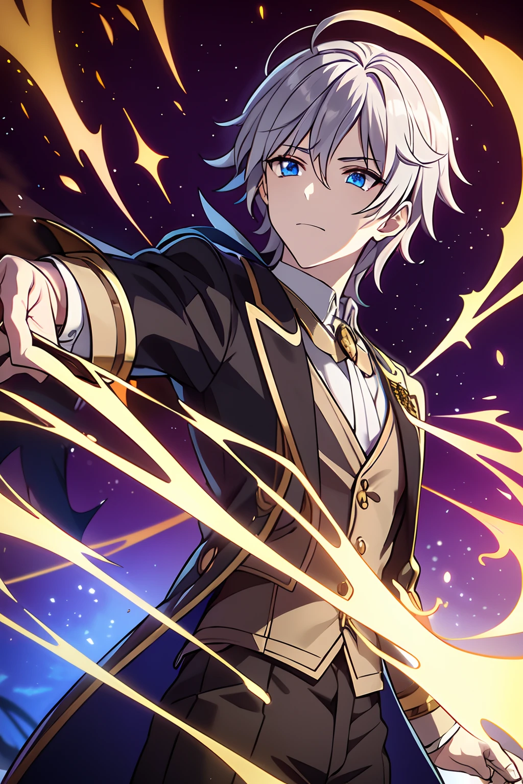 He had light bloonde Messy hair, blue eyes, medium build, wearing Zhongli's attire is elegant and form-fitting, consisting of a beige dress shirt, a brown and amber waistcoat, slim black trousers, black dress boots, and black gloves with twin silver archer rings on the thumbs. His neckpiece is a white tie pinned at the throat by an amber gemstone. His left ear is adorned with a jeweled tassel earring. Over everything, he wears a long dark brown tailcoat with dragon scale patterns, gold and silver accents, golden tassels, and Rex Lapis' diamond symbol on the back. Zhongli's clothes are decorated with diamond symbols found on his sleeves, belt, trousers, waistcoat buttons, and tailcoat buttons. He wears a Geo Vision embedded on the chain at the small of his back.