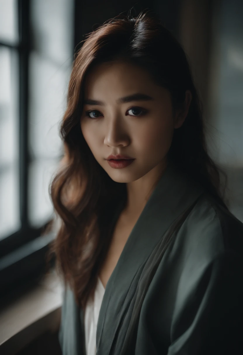 Asian girl, Extremely beautiful face,Elaborate Eyes,Fold your hands on your knees,low head,weeping,sadness,Dance studio,the rule of thirds, Tonal color scheme
