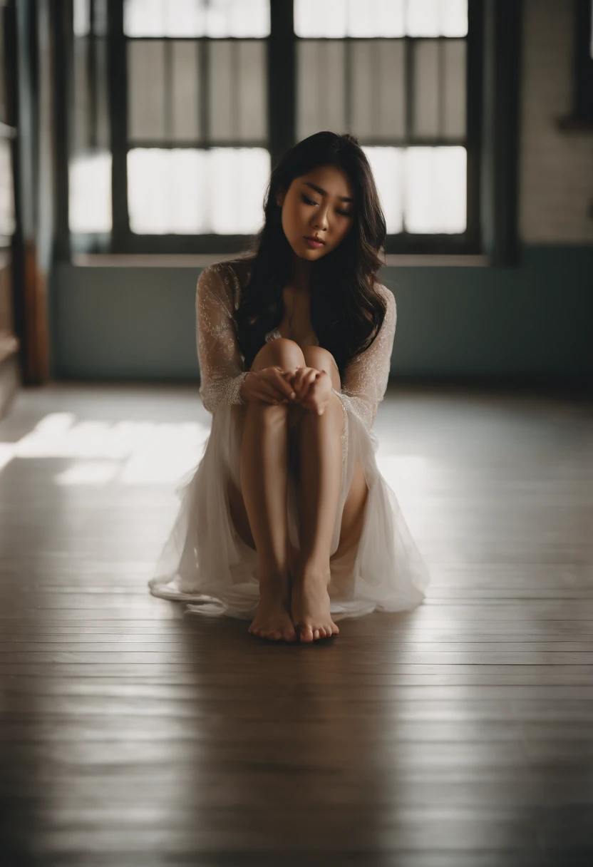 Asian girl, Extremely beautiful face,Elaborate Eyes,Fold your hands on your knees,low head,weeping,sadness,Dance studio,the rule of thirds, Tonal color scheme