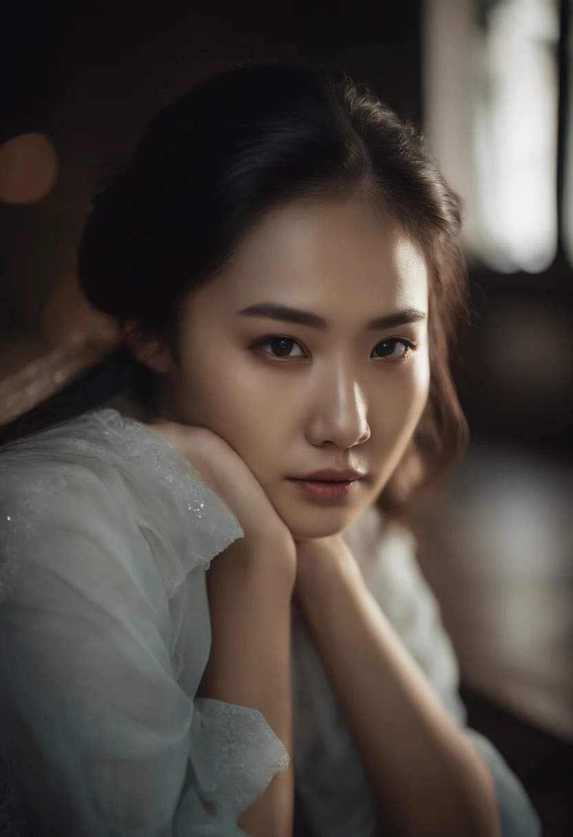 Asian girl, Extremely beautiful face,Elaborate Eyes,Fold your hands on your knees,low head,weeping,sadness,Dance studio,the rule of thirds, Tonal color scheme