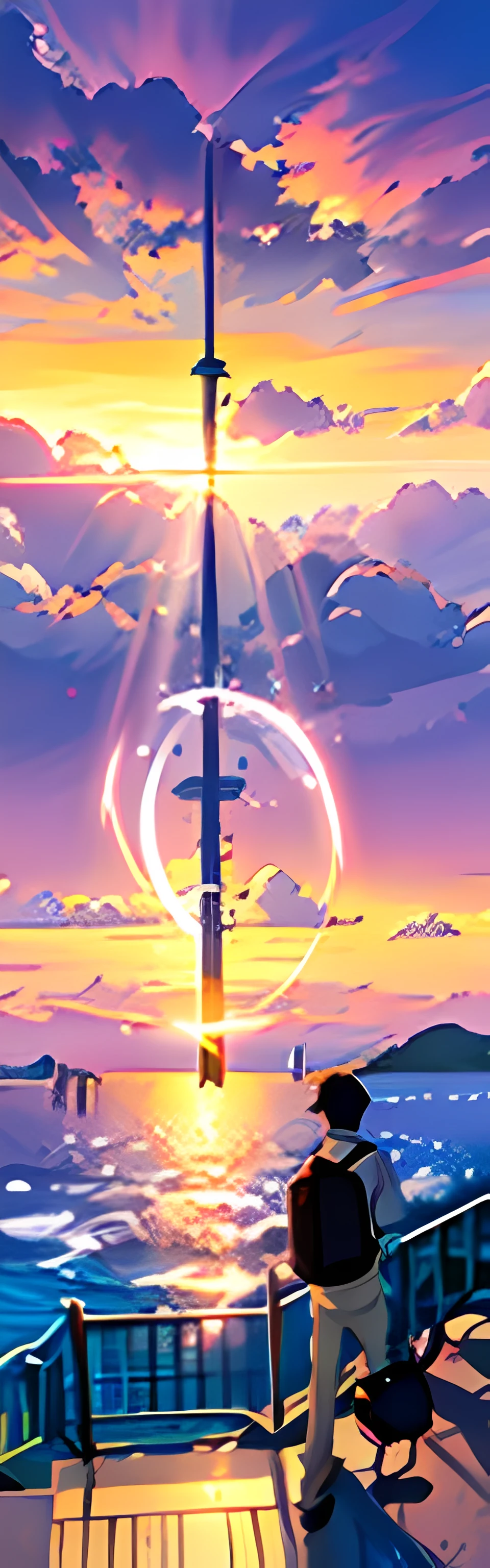 Escena de anime de un hombre parado en un muelle mirando la puesta de sol, anime movie background, colorful anime movie background, Anime Background Key Visual, Antecedentes del anime, Mokoto Shinkai, atmospheric anime, Makoto Shinkai. —h 2160, cosmic skies. por Makoto Shinkai, today's featured anime still, ( ( Makoto Shinkai ) )
