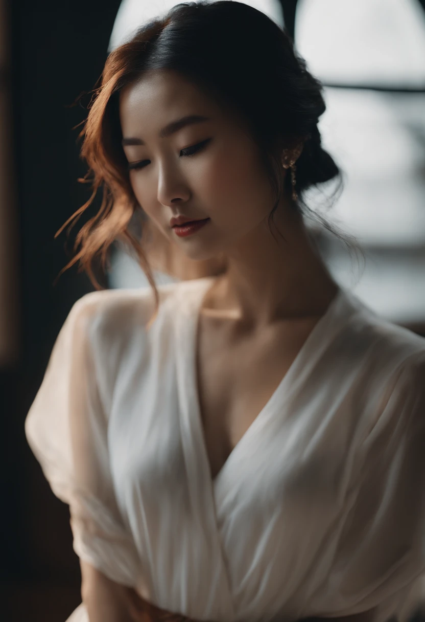 Asian girl, Extremely beautiful face,Elaborate Eyes,Fold your hands on your knees,low head,weeping,sadness,Dance studio,the rule of thirds, Tonal color scheme